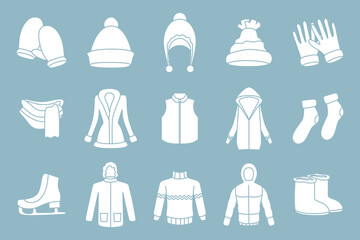 Wall Mural - Winter clothing Icons set - Vector silhouettes of scarf, cap, jacket, sweater, coat, mitten, and other clothes for the site or interface