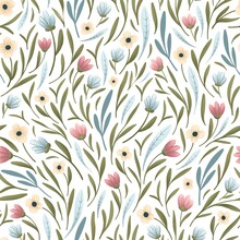 Seamless Floral Pattern. Spring Flowers And Herbs On A White Background. Colored Pattern With Small Pink, Blue And Yellow Flowers. Illustration