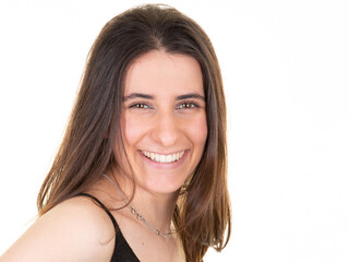 portrait of cheerful young happy woman long hair brown smiling on white background