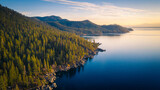 Fototapeta  - Aerial View of Lake Tahoe Shoreline with Mountains and Turquoise Blue Waters