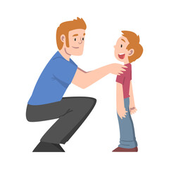 Poster - Loving Dad Hugging his Little Son, Fatherhood Concept Cartoon Style Vector Illustration