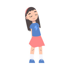 Sticker - Adorable Brunette Little Girl Dressed Casual Clothes Cartoon Style Vector Illustration