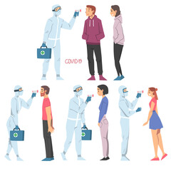 Wall Mural - Doctors Measuring Temperature of People with Body Temperature Scanner Set, Medical Professionals in Protective Suit Checking Temperature to Control Coronavirus Infection Vector Illustration