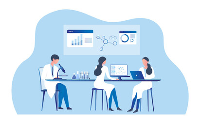 Professional scientists, doctors and chemical researchers working and analysis in laboratory experiment vector  Illustration. Medical laboratory, research experiment biology molecular concept.