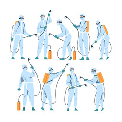 Wall Mural - Disinfectant Workers in Antiviral Suits and Masks Spraying Disinfectant in Public Places, Coronavirus Prevention Concept Cartoon Style Vector Illustration