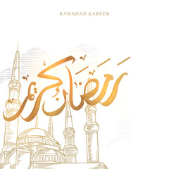 Sticker - Ramadan Kareem greeting card with big mosque sketch and Golden Arabic calligraphy means 