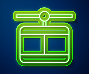 Poster - Glowing neon line Cable car icon isolated on blue background. Funicular sign. Vector.