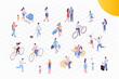 © Oksana_Latysheva - Isometric vector background people. City street, park. Different people walking outdoor, riding bicycle, sitting on bench, walking with friends, pets. Family together. Flat vector isolated.