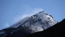 Slow Motion Of  On A Snowy Mountain Peak With A Blue Sky, Telephoto Shot