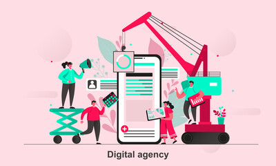 Digital agency web concept design in flat style. Creative team creating digital product. Developers teamwork scene visualization. Vector illustration with tiny people characters in life situation.