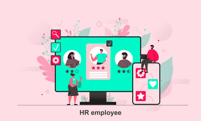 Wall Mural - hr employee web design in flat style. headhunter or recruiter study candidates scene visualization. 
