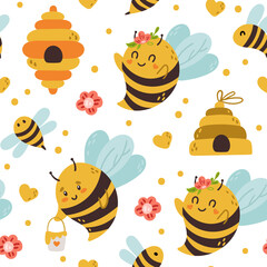 Wall Mural - Honey Bee kids seamless pattern, cute bumble bee digital paper, cartoon insects and summer flowers, nursery seamless background for baby textile, scrapbooking, wrapping paper, wallpaper