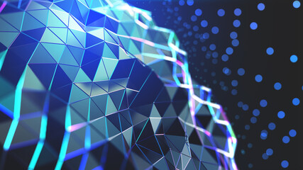 Poster - Neural network and cloud technologies. Global database and artificial intelligence. Big data concept. Bright, colorful 3D illustration of polygonal network, cybersecurity and internet busines
