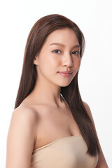 beautiful young asian woman with clean fresh skin on white background, face care, facial treatment, 