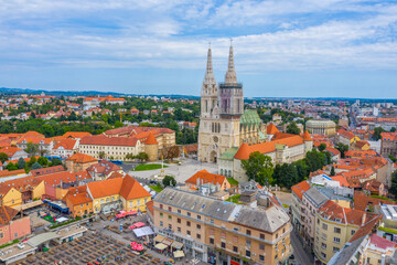 Aerial view of the cathedral of Zagreb and Dolac market, Croatia