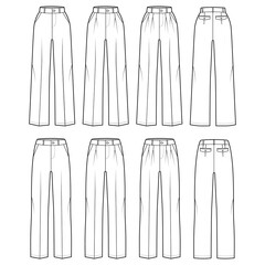 Wall Mural - Set of Pants tailored technical fashion illustration with normal low waist, high rise, full length, slant slashed pockets. Flat trousers apparel template front, back, white color. Women men CAD mockup