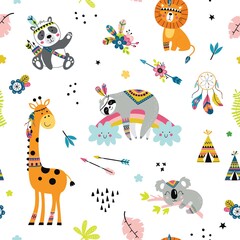  Childish seamless vector pattern with cute safari animals in cartoon style. Creative vector childish background for fabric, textile, apparel