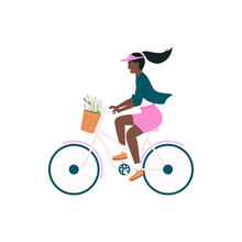 African American Woman In Bicycle Flat Color Vector Detailed Character. Cycling Happy Girl. Spring Outdoor Activity Isolated Cartoon Illustration For Web Graphic Design And Animation