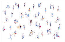 Isometric Vector Background People. City Street, Park. Different People Walking Outdoor, Riding Bicycle, Sitting On Bench, Walking With Friends, Pets. Family Together. Flat Vector Isolated.