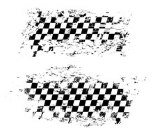 Racing Flag Grunge Design Of Vector Car Race Sport, Auto Rally And Motocross. Checkered Pattern Of Start And Finish Motorsport Flag, Black And White Squares Old Texture With Scratches