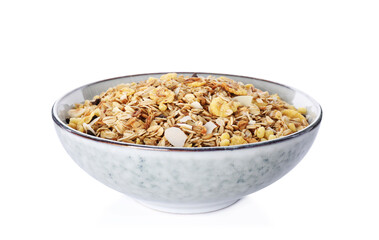 Bowl with fresh muesli on white background