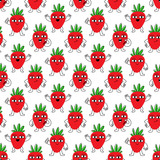 Fototapeta  - Seamless pattern with cartoon strawberry in different poses with funny face. Creative print for apparel, decoration, packaging, wrapping paper etc. Colorful vector illustration.
