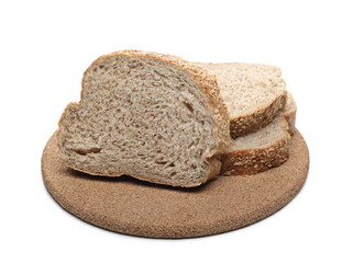 Wall Mural - Integral wheat rye bread slices with seeds on cork mat isolated on white background