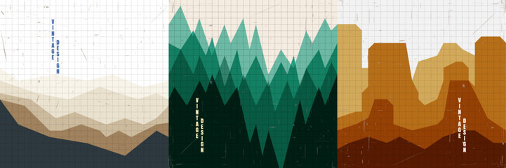 Wall Mural - Vector illustration landscape. Mountains, green forest, canyon hills. Line grid pattern. Retro vintage background. Polygonal style. Design elements for social media template, blog post, square banner