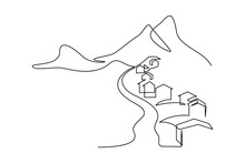 Mountain Village In Continuous Line Art Drawing Style. Landscape Of Road Going Through Country Settlement Surrounded By Mountains Minimalist Black Linear Sketch On White Background. Vector Illustratio