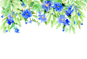 Wall Mural - floral border, blue flowers and green leaves. watercolor hand drawn illustration, isolated on white.