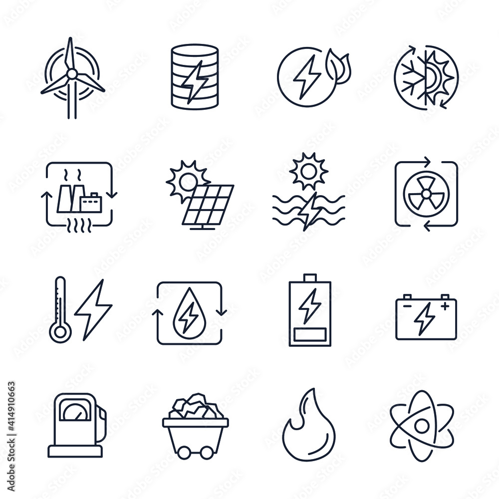 Set of Energy Types icon. Hydroelectric Power Station, Solar Cells and ...