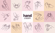 Collection of human hands with hand cream and moisturizer tube, can in different gestures and posses isolated. Vector hand drawn line art illustration. For banners, ads, emblems, tags, packaging, logo