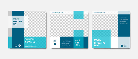 Set of clean editable social media post templates with blue and white accent. Modern business banner graphics for online advert or facebook