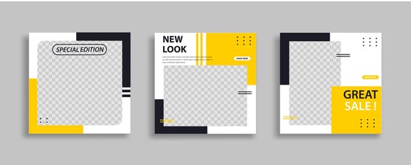 Wall Mural - set of editable minimal square banner template. black yellow white background color with geometric s