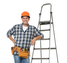 Sticker - Professional builder near metal ladder on white background