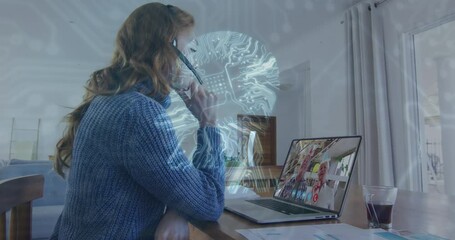 Poster - Animation of digital human head, network of connections over woman using laptop on video call