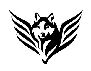 wild wolf or husky sled dog head and wings portrait - mythical animal looking forward fool face black and white vector outline