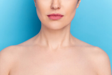 Wall Mural - Cropped photo of young woman plastic surgery face correction lifting collagen isolated over blue color background