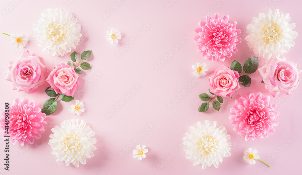 Happy women's day concept, pink roses with beautiful flower frame on pastel background. Flat lay ,top view with space. - obrazy, fototapety, plakaty 