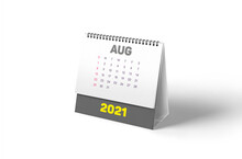 Grey And Yellow 2021 Spiral Desktop Calendar Concept: Isolated 3D Rendered Monthly Planner For August On White Background With Smooth Shadow. 