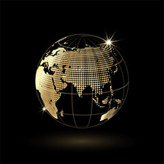 golden earth globe on black background, business luxury design logo, vector illustration