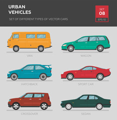 Wall Mural - Urban vehicles. Set of different types of vector cars: sedan, hatchback, crossover, wagon, sport car, van, mini bus. Cartoon flat illustration, auto for graphic and web design.