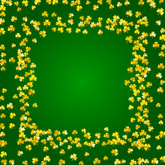 Shamrock background for Saint Patricks Day. Lucky trefoil confetti. Glitter frame of clover leaves.. Template for flyer, special business offer, promo. Festive shamrock background.