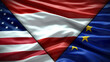 United States of America Flag and European Union flag and Austria Flag waving with texture Closeup triple flag