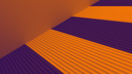 Wide staircase. Orange and violet steps and a orange wall. Banner with empty place for text. 3d render.