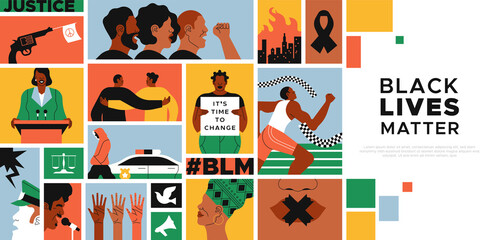 Black lives matter template, flat cartoon mosaic illustration of African American people, social isssues event. Diverse men and women characters fighting for justice and police discrimination. 