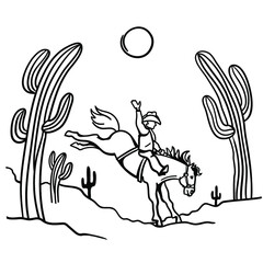 Cowboy riding a wild horse. Vector illustration American desert and cactuses isolated