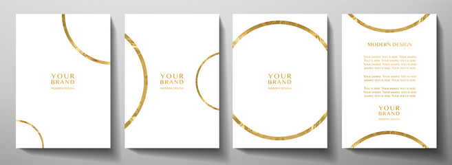 Wall Mural - Modern cover design set with gold round ring (golden circle pattern) on white background. Luxury creative premium backdrop. Formal simple vector template for business brochure, certificate, invite