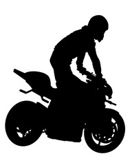 Fototapete - Man in protective clothing rides a retro bike. Isolated silhouette on a white background