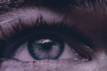 Poster - Close up Beautiful abstract eye. Minimalist modern style concept. dark Background pattern for design. Macro photography view. Close-up of pixel.